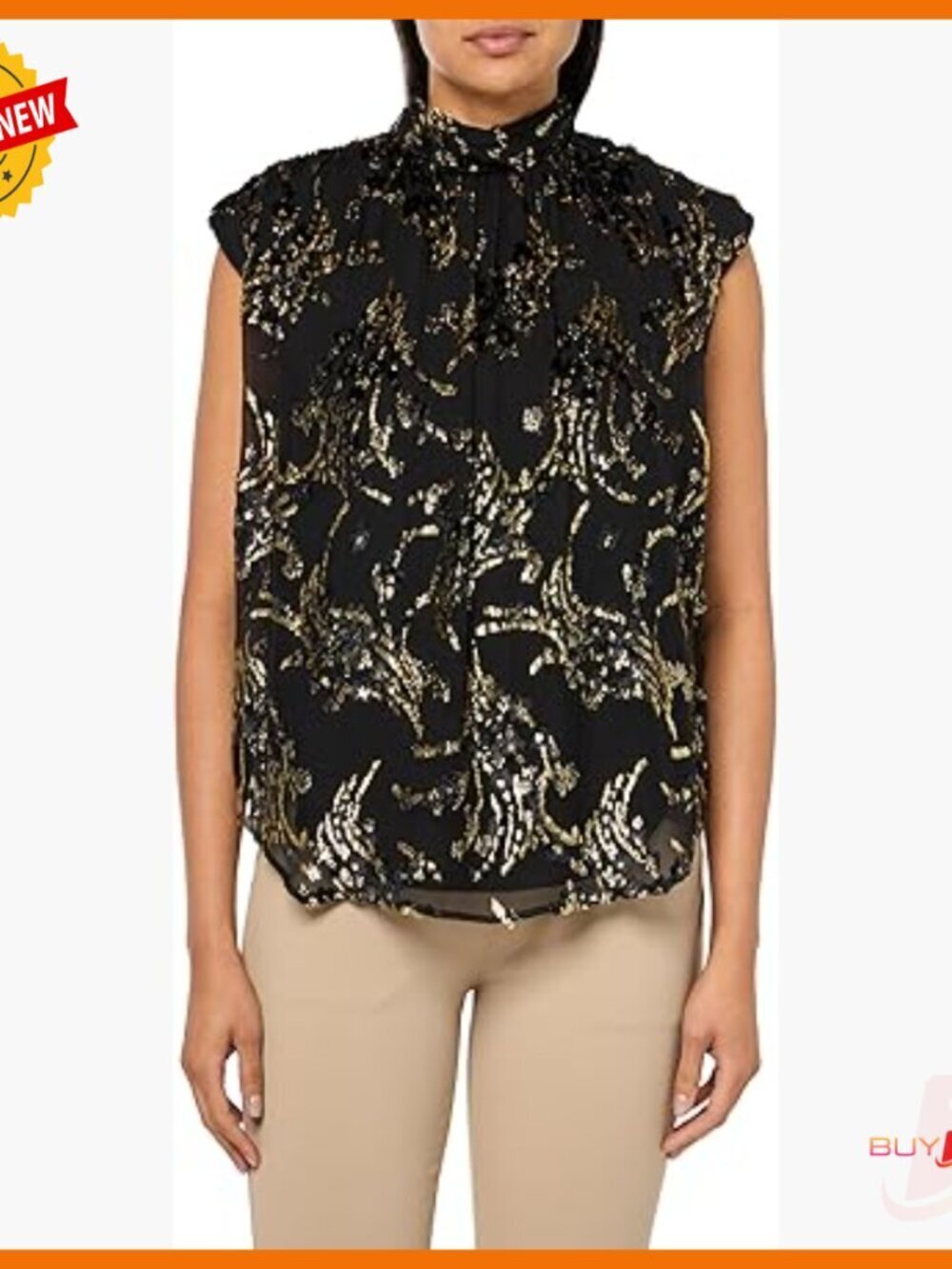 Sleeveless Mock Neck Blouse, Rayon Silk Metallic Fabric, Regular Fit